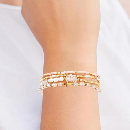 Gold Beaded Bracelets Stack for Women Stackable 14K Gold Plated Beads Ball Cross Bracelet Boho Christian Jewelry Faith Friendship Birthday Gifts for Women - color: Pink Crystal