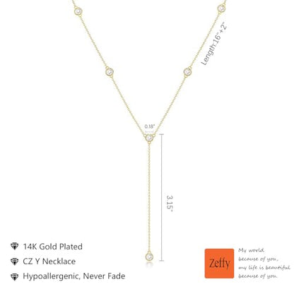Zeffy Lariat Gold Necklace for Women, Dainty Long Necklace 14k Gold/Silver Plated Layered CZ Beaded Bar Chain Y-Shaped Body Chain Stack Drop Wedding Necklace Trendy Simple Gold Jewelry Gifts - color: Gold Six CZ Y Necklace(1PCS)