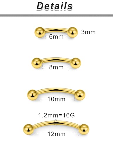 20G 16G 14G 12G Eyebrow Rook Daith Piercing Jewelry 316L Surgical Steel Vertical Lip Labret Belly Button Ring Snake Eyes Tongue Ring Curved Barbell 6mm(1/4") 8mm(5/16") 10mm (3/8") 12mm(1/2") - color: Gold, size: 16G(1.2mm)-6/8/10/12mm Bars