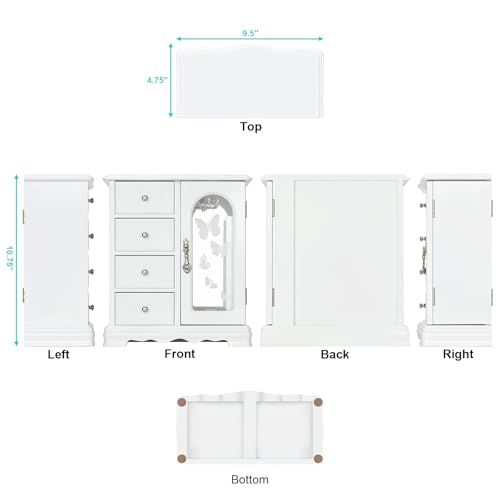 RR ROUND RICH DESIGN Solid Wood Jewelry Box White | Large Organizer with 4 Drawers, Built-in Necklace Carousel & Large Mirror - style: Fashion White