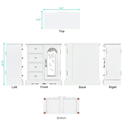 RR ROUND RICH DESIGN Solid Wood Jewelry Box White | Large Organizer with 4 Drawers, Built-in Necklace Carousel & Large Mirror - style: Fashion White