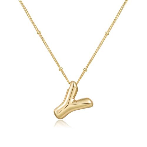 Gold Bubble Initial Necklace for Women Balloon Letter Necklace 18K Gold Plated Dainty Alphabet Pendant Puffy Name Personal Necklace - color: Y