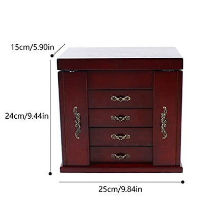 Large Wooden Jewelry Box with Built-in Mirror, 5 Drawers Jewelry Case with Side Organizer, Watches Necklace Ring Storage Box for Women