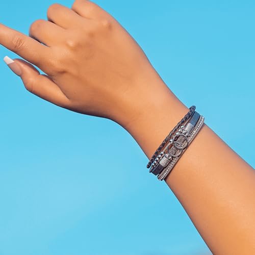 Chunky Boho Leather Wrap Bracelets Cowgirl Beaded Circle Western Jewelry | Stackable Infinity Layered Bohemian Magnetic Clasp Cuff Statement Fashion Colorful Country Hippie Outfits for Women Trendy - color: Grey