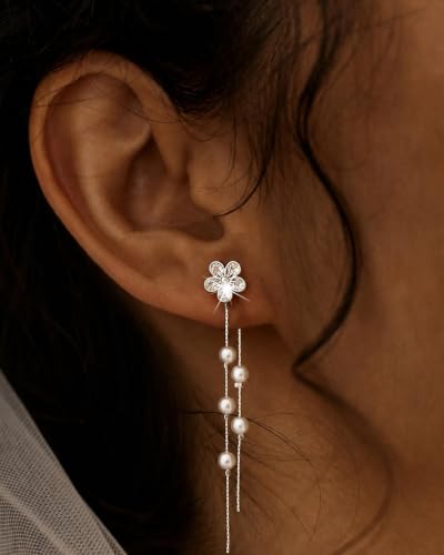 14K Gold Plated/Sterling Silver CZ Pearl Drop Dangle Earrings for Women - color: Silver-Flower Pearl
