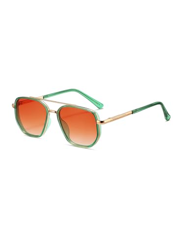 kimorn Women's Square Aviator Sunglasses, Polarized UV400 Pretecion | Retro Frame Shades, Small-Medium Fit, Driving, Beach, Daily Wear - color: Gold+clear Green+pink Grading