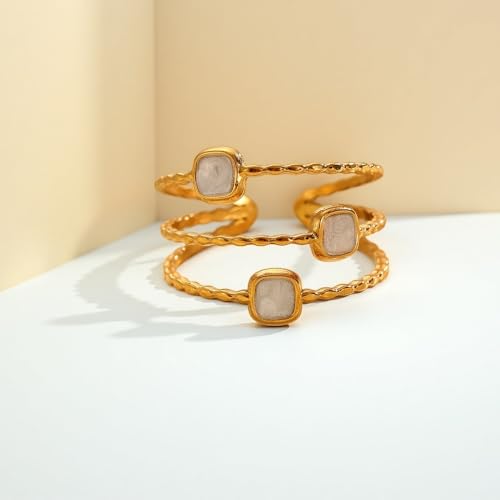 Layered Open Statement Ring Enamel Square Geometric Rings for Women Stainless Steel 18K Gold Plated Adjustable Finger Bands Stackable Comfort Fit Wedding Engagement Fashion Jewelry - color: White