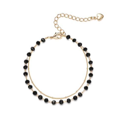 Gold Bracelets for Women Dainty 14K Gold Plated Layered Chain Bracelets Turquoise Green Aventurine Crystal Beaded Bracelets for Women - color: Black Beades
