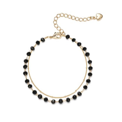 Gold Bracelets for Women Dainty 14K Gold Plated Layered Chain Bracelets Turquoise Green Aventurine Crystal Beaded Bracelets for Women - color: Black Beades