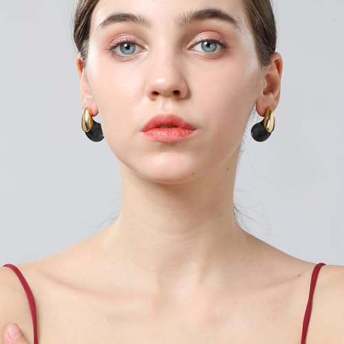 Chunky Resin Teardrop Earrings, 18K Gold Acrylic Resin Drop Hoops，Hypoallergenic Fashion Jewelry for Women,18K Gold Plated Resin Drop Earrings - color: Black