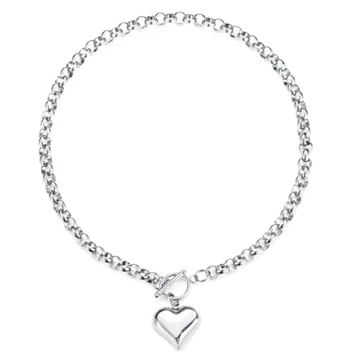 Stainless Steel Puffy Heart Pendant Round Chain Chunky Necklace - size: 18inch
