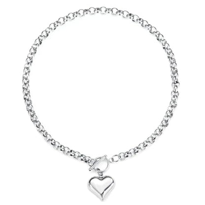 Stainless Steel Puffy Heart Pendant Round Chain Chunky Necklace - size: 18inch