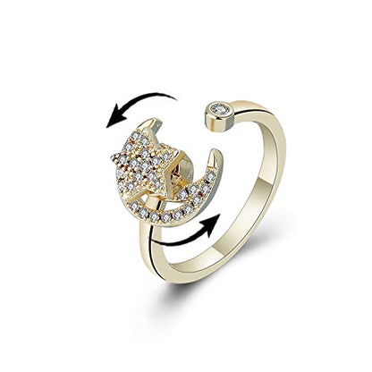 COLORFUL BLING Fidget Sunflower Evil Eye Daisy Spinner Stackable Rings Bee Butterfly Adjustable Open Rotatable CZ Cubic Zirconia Anti Stress for Women Wedding Jewelry - style: Gold Moon
