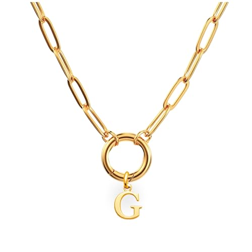 Paperclip Chain Carabiner Initial Charm Holder Necklace by Ginger Lyne | 18K Gold-Plated or Silver Tone Paperclip Chain with Carabiner Charm Holder, Adjustable 18-20 Inch, A-Z Initial Pendant - color: Gold-G