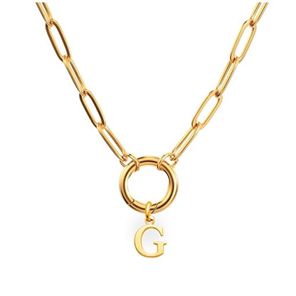 Paperclip Chain Carabiner Initial Charm Holder Necklace by Ginger Lyne | 18K Gold-Plated or Silver Tone Paperclip Chain with Carabiner Charm Holder, Adjustable 18-20 Inch, A-Z Initial Pendant - color: Gold-G
