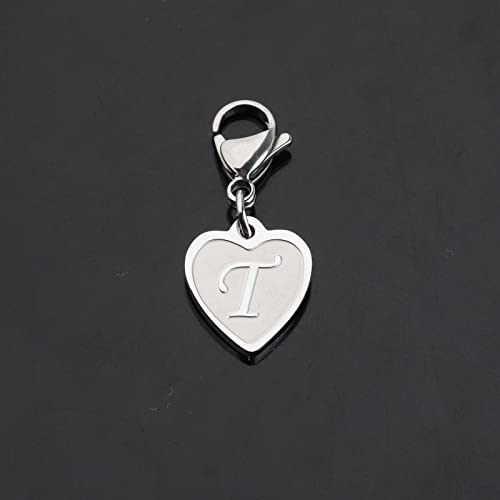 FAADBUK Initial Letter A-Z Alphabet Heart Charms for Jewelry Bracelet Keychain Necklace Initial Stainless steel Clasp Clip on Charm - color: intial T