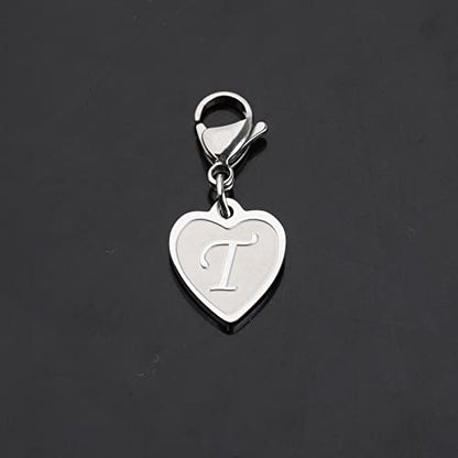FAADBUK Initial Letter A-Z Alphabet Heart Charms for Jewelry Bracelet Keychain Necklace Initial Stainless steel Clasp Clip on Charm - color: intial T