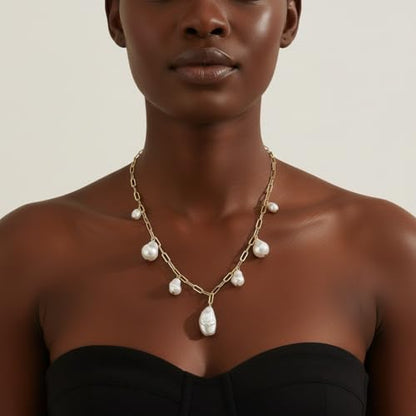 Chunky Pearl Necklaces for Women Chunky Baroque Pearl Beaded Gold Chain Link Pearls Pendant Necklace White Pearls Necklace Valentine's Day Jewelry Gifts Party Prom Birthday Outfits Accessorie - style: Golden Chain, Seven Pearls
