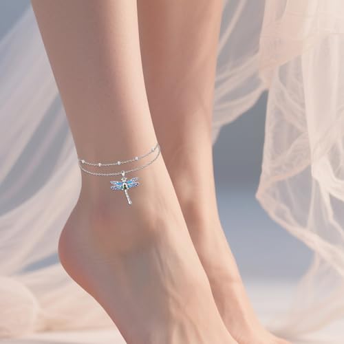 925 Sterling Silver Cat Butterfly Anklets Double Layered Chain for Birthday Women Ankle Bracelet Summer Beach Dainty Jewelry - style: Dragonfly Anket
