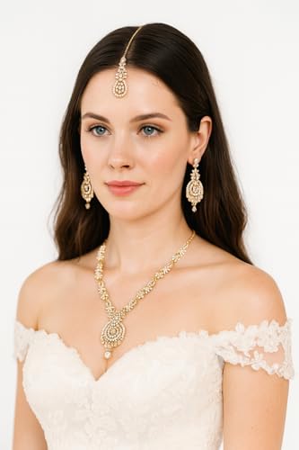 Touchstone Indian jewelry sets for women maang tikka wedding guest gold necklace bollywood jewellery set pageant elegant prom bride accessories western crystal chunky rhinestone necklaces - color: Pearl in gold plating pearl drop