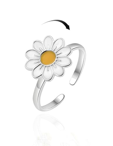 Anxiety Rings for Women – Adjustable Flower Spinner Ring, Daisy & Sunflower Fidget Ring, Gold Plated Calming Jewelry - style: Style 07