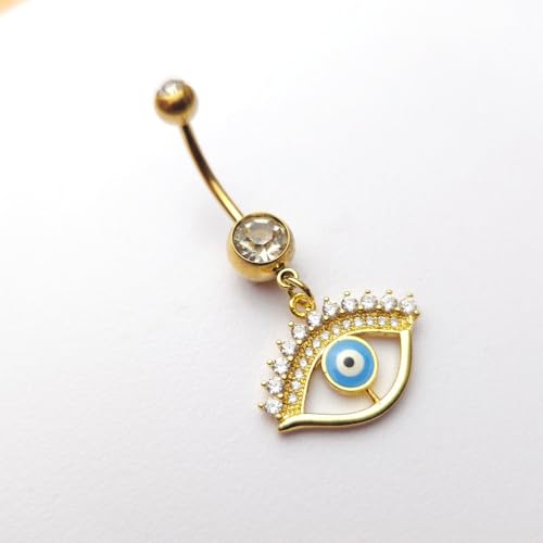 14G Blue CZ Evil Eye Sun Heart Dangle Belly Button Rings for Women 14K Gold Plated Surgical Steel Belly Navel Barbell Enamel Starry Sky Colorful Crystal Dangling Navel Rings Belly Piercing Jewelry - style: Style2