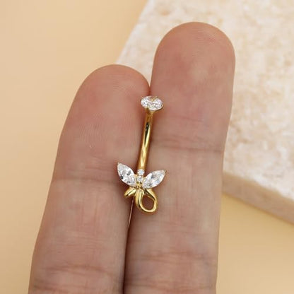 XUU Titanium Belly Button Rings 14G, Implant-Grade Navel Piercing, Luxury CZ Shape with Flower Butterfly, Hypoallergenic Curved Barbell Jewelry for Women, Gold or Silver - style: Butterfly Tail-Gold