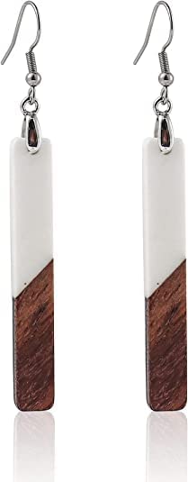 Boho Dangling Statement Earrings Simple Chic Wooden Earrings, Resin Geometric Bar Pendant Wood Earrings - color: pure white