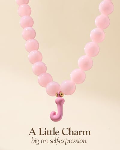 DoDoBeads Chunky Colorful Beaded Initial Necklace, Bubble Letter Choker | Gift box and dust pouch included; waterproof and sweat-resistant with real gold plated stainless steel hardware - color: Pink-J