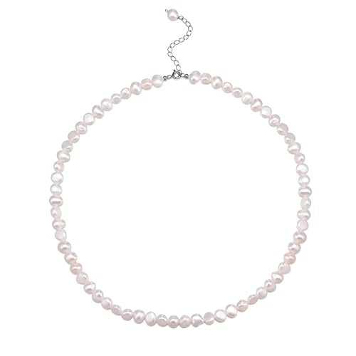 Natural Pearls Necklace, Freshwater Baroque Pearls Necklace for Women's Pearl Strand Choker Necklace 18K Gold Plated & S925 Sterling Silver Clasp White Necklace Chain - color: White, 6-7mm, Silver Clasp