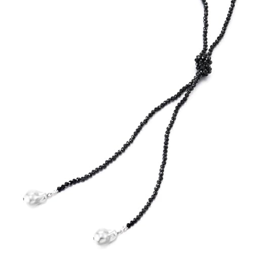 Black Beaded Lariat Necklace for Women Faceted Beads with Faux Pearl Drops Elegant Y-Shaped Necklace