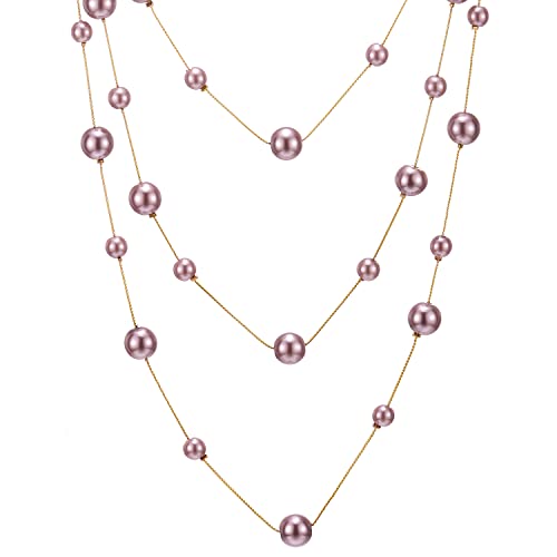 Statement Necklace Three-Strand Long Chains with Synthetic Pearl Beads, Elegant, Dress - color: F-Beads Color: Pink Purple