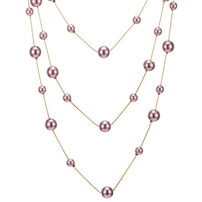 Statement Necklace Three-Strand Long Chains with Synthetic Pearl Beads, Elegant, Dress - color: F-Beads Color: Pink Purple