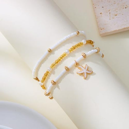 Starfish Mermaid Anklets Bracelets for Women Waterproof Gold Beaded Seashell Starfish Anklets Bohemian Summer Surf Stackable Anklet Bracelet Hawaiian Mermaid Jewelry Outfits for Women - style: Bead starfish