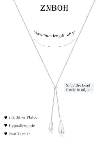 Lariat Gold Silver Necklace for Women Long Dainty Y Necklace 14k Gold Plated Drop Chunky Necklace Trendy Clover Heart Cross Teardrop Cz Pendant Statement Simple Adjustable Jewelry Gift - color: Silver- Water droplet