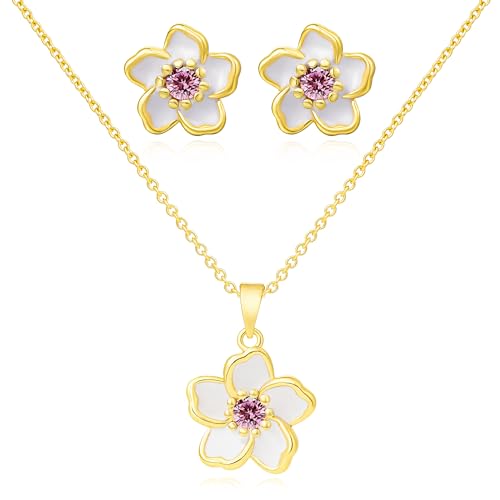 Flower Necklace Earrings Set for Women 14K Gold Plated Hypoallergenic Sets Pair with Different Birthstones for Wedding Party Bridal Bridesmaid Accessories Teacher Valentine Gifts - color: Gold