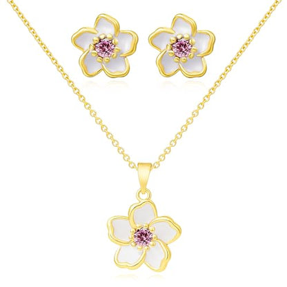 Flower Necklace Earrings Set for Women 14K Gold Plated Hypoallergenic Sets Pair with Different Birthstones for Wedding Party Bridal Bridesmaid Accessories Teacher Valentine Gifts - color: Gold