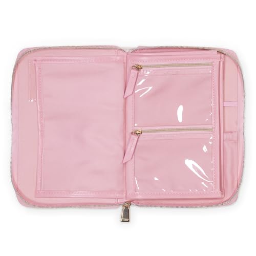 kate spade new york Travel Jewelry Folio, Goddess Stripe | 8.5" x 6" Organizer with Zippered Pockets, Tabs & Tracker Pocket, Pink Leatherette Case for Earrings, Necklaces, & Bracelets