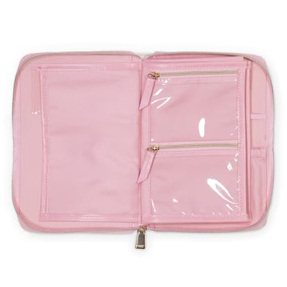 kate spade new york Travel Jewelry Folio, Goddess Stripe | 8.5" x 6" Organizer with Zippered Pockets, Tabs & Tracker Pocket, Pink Leatherette Case for Earrings, Necklaces, & Bracelets