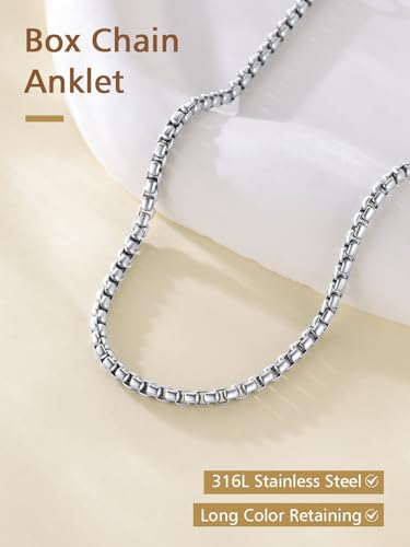 FindChic Stainless Steel Ankle Bracelets for Women, Waterproof Figaro/Cuban/Box/Beaded Chain Anklets, Summer Beach Foot Jewelry, 8.5''-10.5'' Adjustable Length, with Gift Box - style: Box Chain-Silver