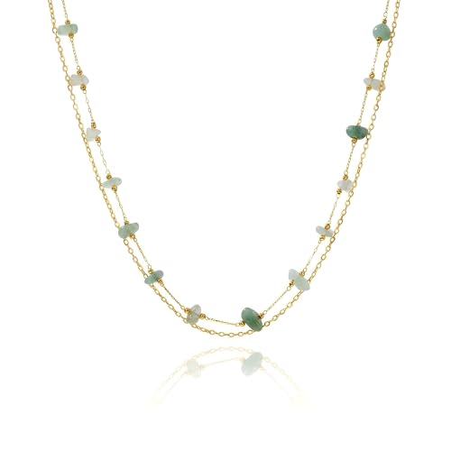 Harlermoon Natural Stone Layered Necklace for Women - 18K Gold Plated Stainless Steel Dainty Beaded Choker, Waterproof Tarnish Resistant Boho Summer Beach Jewelry Gift Box - color: Green