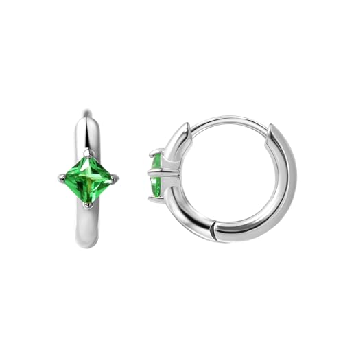 316L Surgical Steel Birthstone Hoop Earrings for Women | Lightweight, 5A Cubic Zirconia, Hypoallergenic, Lead & Nickel Free, 8mm Huggie Hoops - color: Silver: 05. May (Emerald)