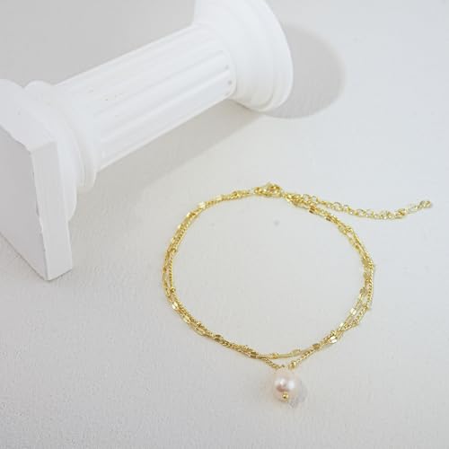 Bheop Ankle Bracelets for Women 14K Gold Silver Plated Waterproof Anklets | Evil Eye Pearl Heart Conch Shell Charm, Boho Adjustable Foot Chain, Dainty Summer Beach Jewelry Gifts, Non Tarnish - color: GD-Lips/Pearl