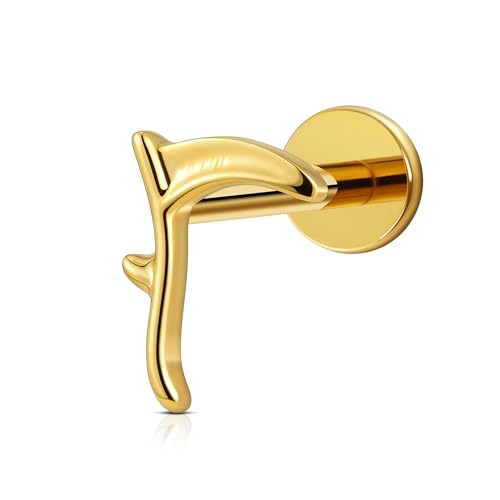 FINE4U 1PC ASTM F136 Titanium Internally Threaded Piercing Jewelry Stud 16G 6mm 8mm for Helix, Tragus, Conch, Flat - color: Sickle - Gold