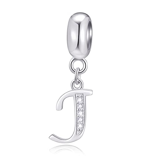 26 Letter Pendant Charms, Polished 925 Sterling Silver Complete Initial A-Z Dangling CZ Stone Alphabet Beads, fits European Bracelet Necklace, Gift for Mother/Father/Daughter/Son/Sister/Aunt - color: Letter J CZ Pendant Charm