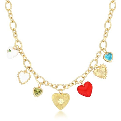Charm Necklace for Women Gold Evil Eye Sun Moon Flower Coin Pendant Necklace Dainty Paperclip Chain Vintage Luck Amulet Choker Necklaces Celestial Jewelry Gift - style: 7 Heart Charms