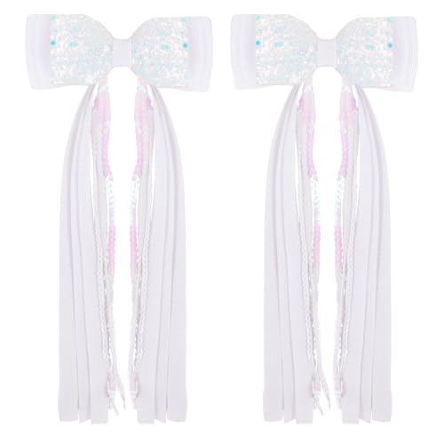 Girls White Sequin Hair Bow Clip with Long Sequin Streamers, Shiny Non-shed | 2Pcs Handmade Ribbon Wrapped Non-slip Alligator Clips, Hair Accessories for Party Daily School Birthday Photo Shoots - color: White