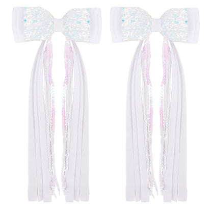 Girls White Sequin Hair Bow Clip with Long Sequin Streamers, Shiny Non-shed | 2Pcs Handmade Ribbon Wrapped Non-slip Alligator Clips, Hair Accessories for Party Daily School Birthday Photo Shoots - color: White