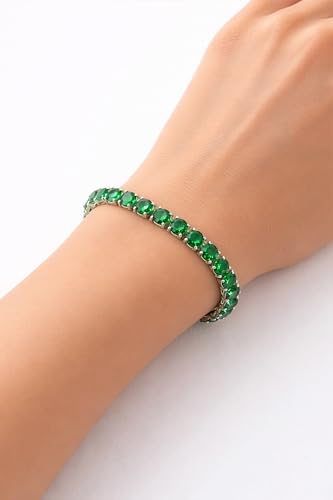 KEZEF Tennis Bracelet for Women, 7mm Round CZ, Silver Plated Brass, 6.5–8 Inch, Fold-Over Clasp - color: Simulated Green Emerald, size: 8 Inch