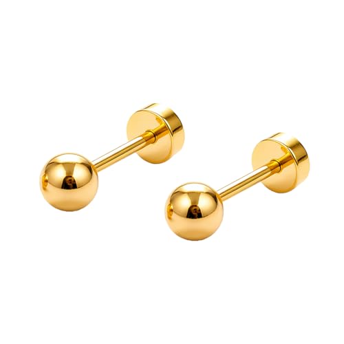 Stainless Steel Ball Bead Screw Back Flat Back Stud Earrings, 1 Pair 3 mm (0.12") Hypoallergenic Earrings for Sensitive Ears - color: Gold